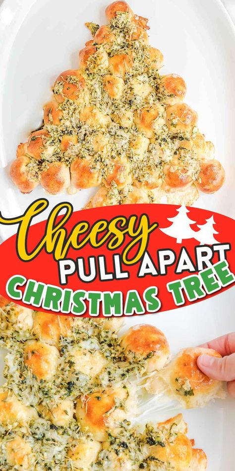 Cheesy Pull Apart Christmas Tree Bread recipe is easy to make from refrigerated pizza dough, plenty of cheese, plus egg, butter, garlic, and herbs. This simple tree-shaped appetizer or side dish is perfect for sharing during the holiday season and tastes delicious when dipped in marinara sauce. Dinner Roll Christmas Tree, Pull A Part Christmas Tree Bread, Garlic Pull Apart Christmas Tree, Christmas Tree Pull Apart Buns, Beautiful Christmas Appetizers, Cheesy Bread Recipes Pull Apart, Pull Apart Cheesy Christmas Tree, Christmas Tree Cheesy Bites, Pizza Dough Cheese Balls Christmas Tree