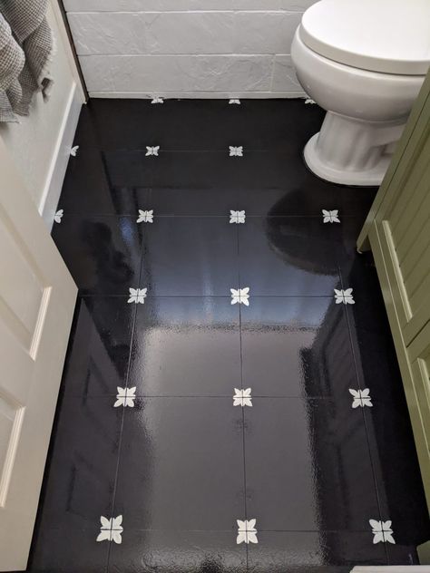 Hand Painted Floor Tiles, Paint Tile Black, Dark Painted Tile Floor, Paint Tile Floor Black, Diy Painted Tile Floor Bathroom, Painting Bathroom Tiles Black, Painted Floor Tiles, Painted Tile Floor, Hand Painted Floor