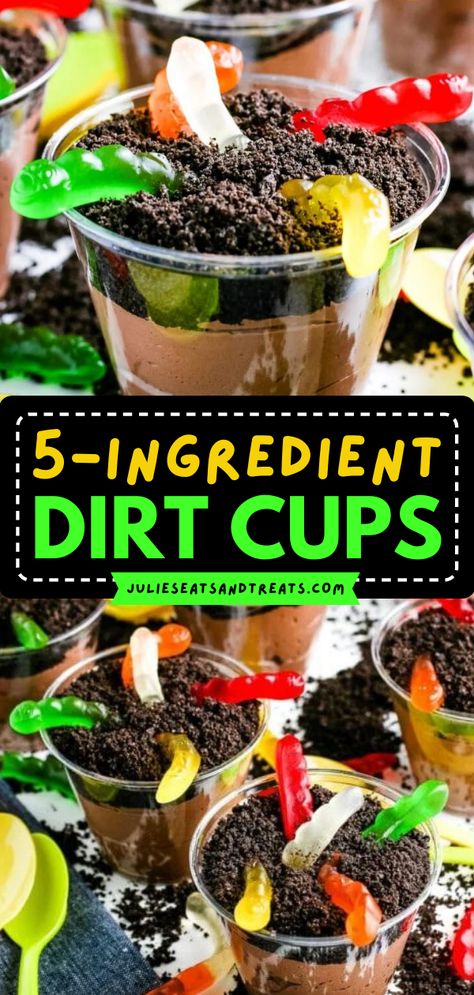 Need an easy dessert recipe for kids and adults? Learn how to make Dirt Cups! They're a simple sweet treat. Layered with chocolate pudding and topped with gummy worms, these Oreo dirt cups are so fun and cute! Essen, Dirt Pudding Recipes, Dirt Recipe, Dirt Cups Recipe, Easy Desserts For Kids, Dirt Dessert, Dirt Cake Recipes, Dirt Pudding, Oreo Dirt