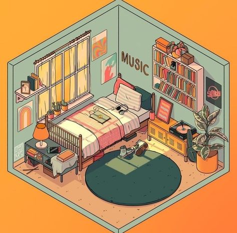 Isometric Room Illustration Aesthetic, Isometric Art Room, Room Design Aesthetic, Studio Bed, Bedroom Drawing, Isometric Drawing, Isometric Art, Isometric Design, Isometric Illustration