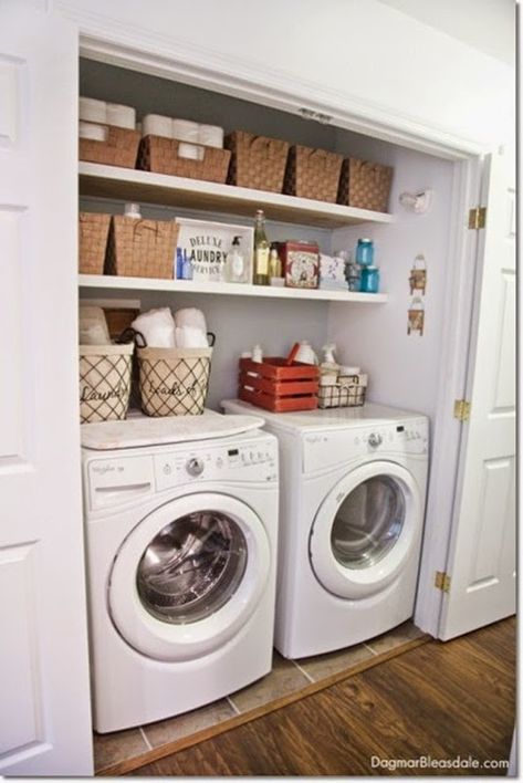 laundry room Laundry Closet Makeover, Small Laundry Room Makeover, Small Laundry Room Organization, Laundry Room Closet, Laundry Room Shelves, Laundry Closet, Blue Cottage, Small Laundry Rooms, Small Laundry Room