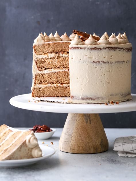 Cinnamon Layer Cake, Spice Layer Cake, Fluffy Buttercream Frosting, Cinnamon Simple Syrup, Brown Sugar Cakes, Completely Delicious, Fancy Birthday, Thanksgiving Cakes, Pear Cake