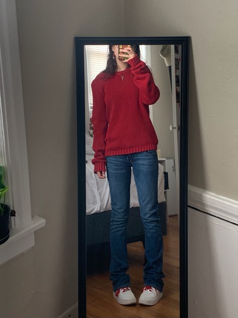 School Cold Weather Outfits, Red Shirt With Jeans Outfit, Red Sweater Blue Jeans Outfit, How To Style Red Long Sleeve Shirt, Red Shirt And Blue Jeans Outfit, Red Long Sleeve Shirt Outfit Aesthetic, Red Crew Neck Outfit, Red Shirt Jeans Outfit, Red Shirt Winter Outfit