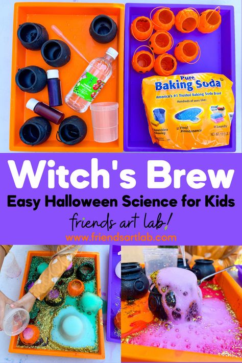 Your preschoolers will be convinced they are real witches brewing up a potion! Halloween Prek Party Ideas, Halloween Preschool Science Experiments, Witches Brew Preschool, Halloween Potion Activity, Halloween Potion Experiment, Witches Brew Preschool Activity, Witch Craft For Preschool, Witches Potion Sensory Play, Pre K Halloween Party Ideas