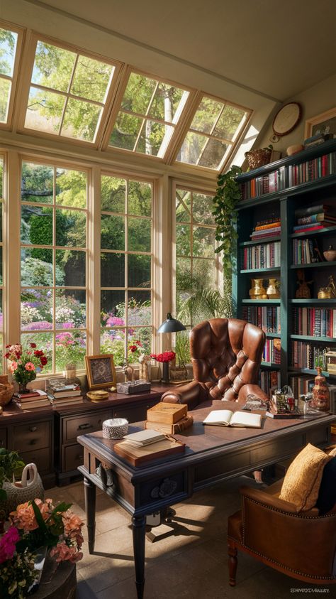 Transform your sunroom into a cozy home office with abundant natural light! Incorporate cozy room decor and elegant office furniture to create a workspace that inspires productivity. Add lush greenery for a touch of nature. #sunroom #homeofficedecor #officecolors #decoration #homedécor #officeorganization #naturalight #cozyhomeoffice #homeofficeideas #officeinspo Sunroom Study Room, Whimsigoth Office Space, Cozy House Office, Cottage Study Room, Home Office Academia, Home Office Cottagecore, Cozy Cottage Office, Glam Craft Room, Home Office Sunroom