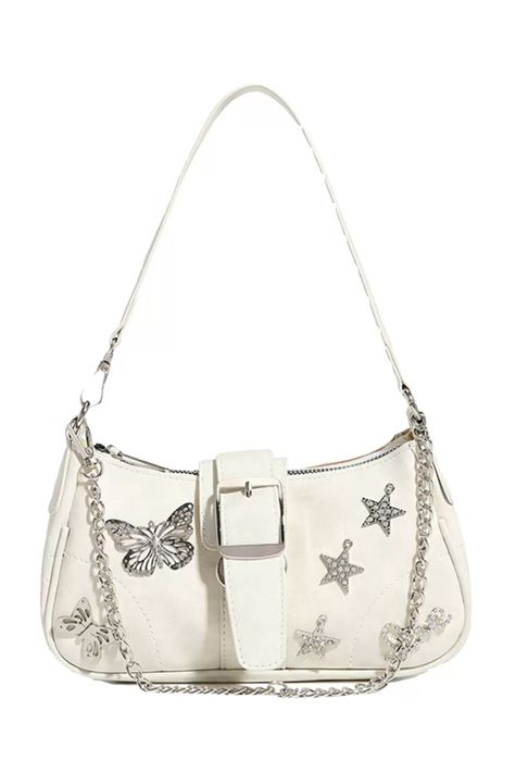 Y2K Star Butterfly White Handbag, cute baguette bag, 2000s aesthetic accessories, boogzel Cute Bags Aesthetic, Handbags Aesthetic, Aesthetic Purse, Bag 2000s, Aesthetic Store, Bags Y2k, Accesorios Aesthetic, Accessories Y2k