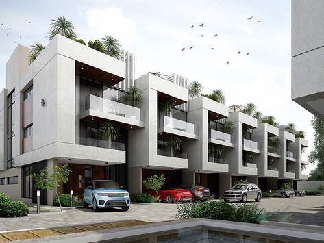 Residential Architecture Apartment Floor Plans, Gaushala Design, Villa Complex Design, Duplex Design Exterior, Row Houses Architecture, Island Extension, 3 Storey House Design, Small Apartment Building, Apartments Exterior