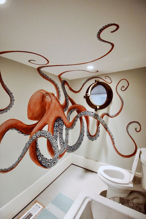 CHARLY MALPASS Octopus Mural, Octopus Bathroom Decor, Octopus Bathroom, Bathroom Mural, Octopus Decor, Octopus Art, Mural Wall Art, Dream House Decor, Mural Art