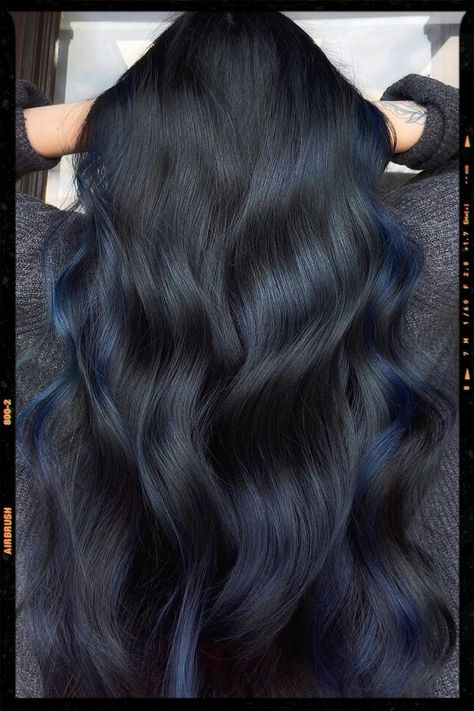 Jet Black with Dark Blue Tint Jet Black Blue Hair Color, Jet Black With Blue Tint, Hair Color Navy Blue, Black Hair With Dark Blue Money Piece, Hair Color Ideas Blue Black, Hair Colors For Black Hair No Bleach, Black Indigo Hair, Black With Dark Blue Highlights, Near Black Hair Color