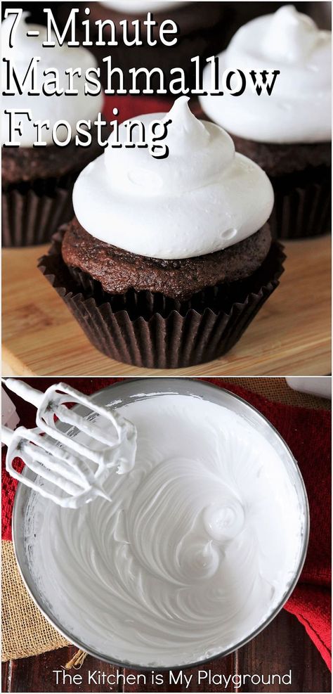 7-Minute Marshmallow Frosting in Mixing Bowl and Piped On a Chocolate Cupcake Best Marshmallow Frosting, Betty Crocker Marshmallow Frosting, 7 Minute Marshmallow Frosting, Marshmallow Icing Easy, Marshmallow Cream Icing, No Cook 7 Minute Frosting, Marshmallow Icing Recipe Easy, Marshmellow Icing Marshmallow Frosting, Melted Marshmallow Frosting