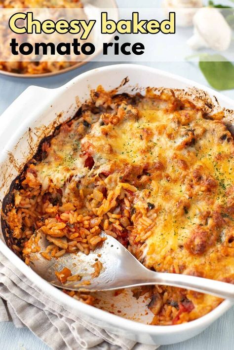 This baked tomato rice is easy to make, and it’s especially irresistible with a gooey cheese topping. Bake Rice In Oven, Orzo Dinner, Slow Cooker Ratatouille, Savoury Rice, Rice In The Oven, Rice Meals, Vegan Pulled Pork, Meatless Mains, Tofu Chicken