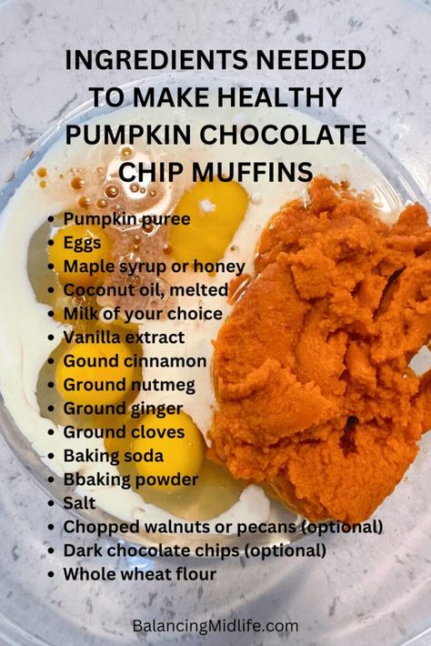 Ingredients needed to make pumpkin chocolate chip muffins Pumpkin Chocolate Chip Muffins Healthy, Chocolate Chip Muffins Healthy, Healthy Pumpkin Chocolate Chip Muffins, Fresh Pumpkin Recipes, Healthy Chocolate Chip Muffins, Sweet Pumpkin Recipes, Cinnamon Scones Recipe, Healthy Pumpkin Dessert, Pumpkin Bagels