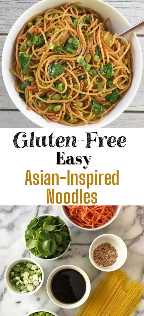 A super quick + easy gluten-free and vegetarian dinner or side dish. One pan, 15 minutes and you have a simple, savory and crowd-pleasing bowl of gluten-free noodles! Gluten Free Sesame Noodles, Gluten Free And Soy Free Recipes, Gf Dinners Easy, Easy Gluten Free Dinner For One, Gluten Free Noodle Dishes, Gluten Free Rice Noodle Recipes, Quick And Easy Gf Dinner Recipes, Easy Cheap Gluten Free Dinners, One Pot Gluten Free Meals