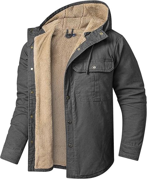 Mr.Stream Men's Hooded Coat Casual Thicken Plaid Work Flannel Snap Sherpa Lined Fleece Shirt Jacket Sherpa Lined Jacket, Men's Windbreaker, Hooded Flannel, Safety Clothing, Winter Jacket Men, Hooded Parka, Solid Color Shirt, Sherpa Jacket, Hooded Shirt