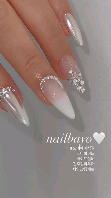 Bridal Nails Designs, Engagement Nails, Silver Nail Designs, Fancy Nails Designs, Nails Design With Rhinestones, Nail Art Wedding, Sparkle Nails, Bride Nails, Silver Nails