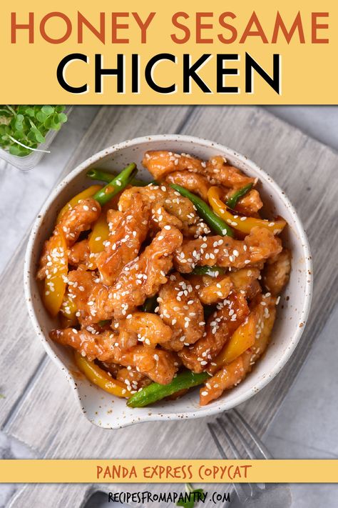 Honey Sesame Chicken Breast is loaded with crispy white meat chicken, green beans and yellow bell peppers. This Panda Express copycat recipe is easy and affordable to make at home! You likely have all of the simple pantry ingredients on hand. Fry the chicken until crunchy and toss with tender veggies in a sweet and sour honey sauce. Top it off with sesame seeds for a delicious crunch. Click through to get this awesome honey sesame chicken recipe!! #copycat #pandaexpress #honeysesamechicken Homemade Panda Express, Panda Express Sesame Chicken, Seseme Chicken, Panda Express Copycat Orange Chicken, Honey Sesame Chicken Panda Express, Panda Express Honey Sesame Chicken, Orange Chicken Panda Express, Seaseme Honey Chicken, Sesame Chicken Sauce