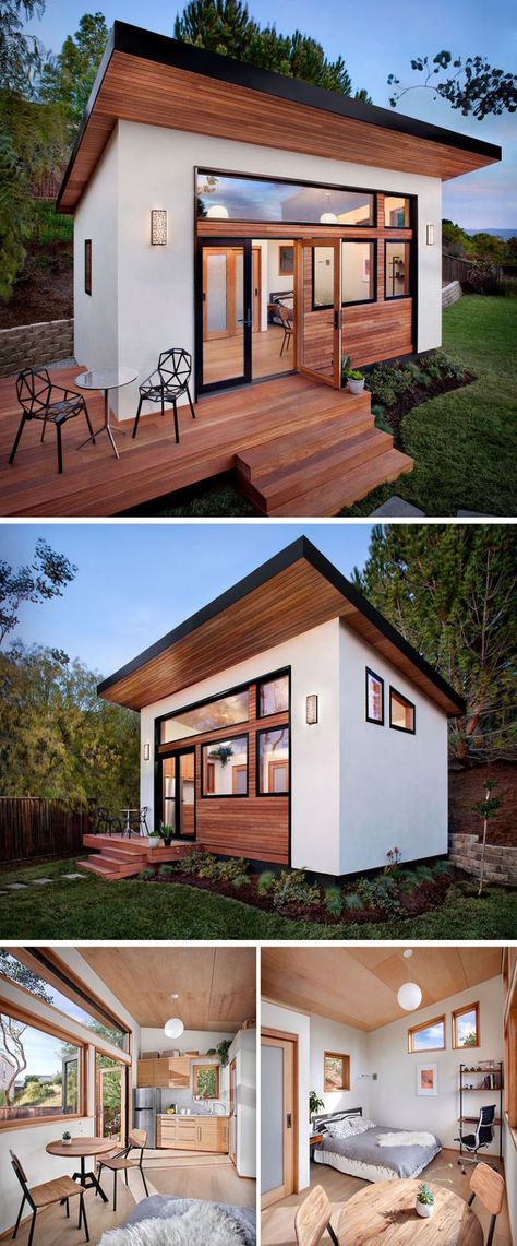 This small guest house was prefabricated before being put together in the backyard of this home and features a kitchen, bathroom, dining spot, sleeping area, and desk space. Backyard Guest Houses, Backyard Cottage, Backyard House, Backyard Studio, A Small House, Backyard Office, Backyard Sheds, Backyard Shed, Modern Backyard