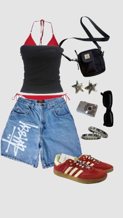 Summer Y2k Fits, Silver Outfit Aesthetic, Y2k Summer Fits, Summer Fits Y2k, Y2k Outfit Summer, Summer Outfits Jorts, Adidas Outfit Ideas, Sambas Aesthetic, Outfits Jorts