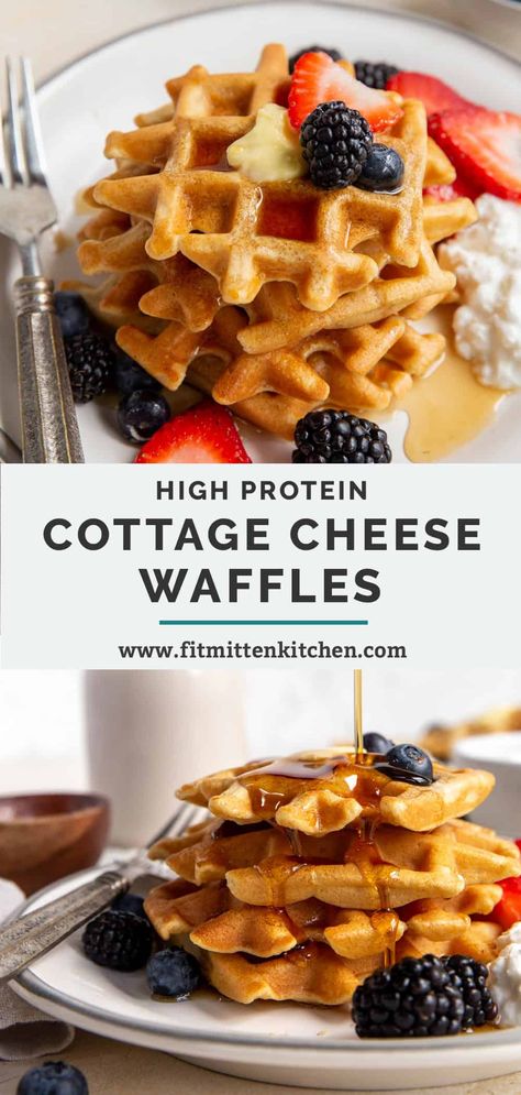 High-protein Cottage Cheese Waffles are a delicious breakfast recipe with each serving containing 12 grams of protein. They have crispy edges and a soft center and are extra special when served with maple syrup, fresh fruit, and extra cottage cheese. Gluten free friendly. #cottagecheesewaffles #cottagecheeserecipes Cottage Cheese Waffle Recipe, High Protein Waffle Recipe, Cottage Cheese Waffles, Protein Cottage Cheese, Waffle Recipe Healthy, Cottage Cheese Recipes Healthy, Cottage Cheese Desserts, Healthy Waffles, Cheese Waffles