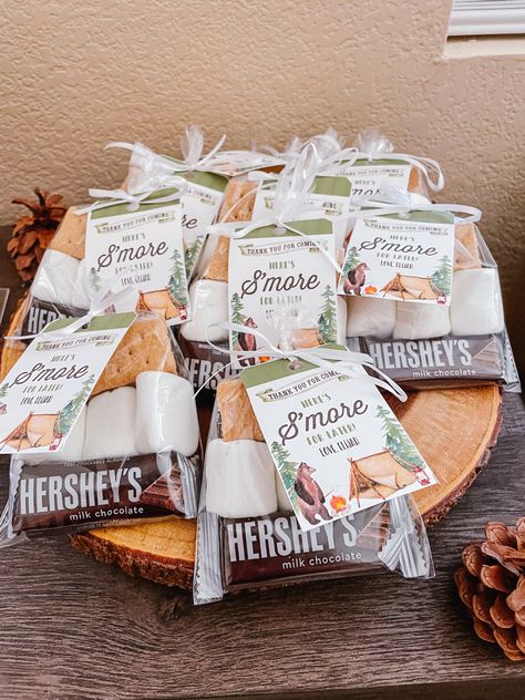 Camping Theme Goodie Bags, One Happy Camper Snack Ideas, S’more Theme Party, One Happy Camper First Birthday Goodie Bags, Camp Out Themed Party, Camp Theme Goodie Bags, Happy Camper Retirement Party, S’mores 1st Birthday, One Happy Camper First Birthday Party Favors