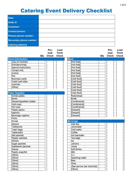 Catering Delivery Checklist | RestaurantOwner Catering Checklist Free Printable, Catering Supplies Checklist, Catering Equipment Checklist, Catering Checklist, Catering Menu Ideas, Burger Business, Starting A Catering Business, Event Checklist, Buffet Set Up