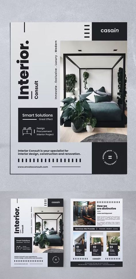 Interior Flyer Template PSD Interior Brochures, Materials Board Interior Design, Interior Design Template, Interior Design Portfolios, Poster Design Layout, Social Media Branding Design, Page Layout Design, Flyer Design Layout, Portfolio Design Layout