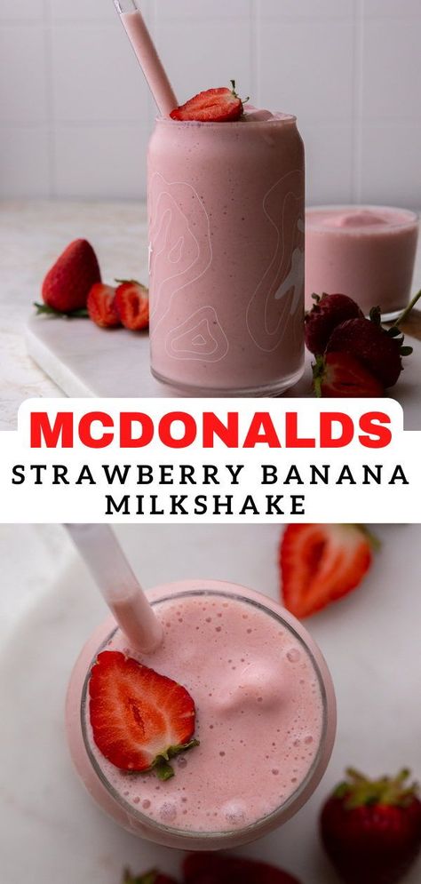 Mcdonald’s Strawberry Banana Smoothie-Aka your childhood’s favorite memory is here. This recipe will show you how to make a healthier version of the popular Mcdonald’s strawberry banana frappuccino at home in no time. Mcdonalds Strawberry Banana Smoothie, Strawberry Banana Yogurt Smoothie, Peach Banana Smoothie, Vanilla Protein Shake, Strawberry Banana Milkshake, Peach Smoothie Recipes, Smoothie Recipes Strawberry, Homemade Smoothies, Banana Shake