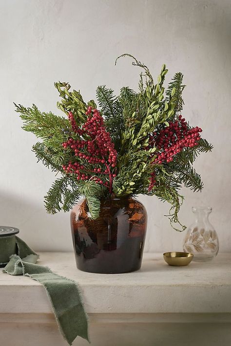 Fresh Greens + Berries Bouquet Winter Foliage Bouquet, Evergreen Vase Arrangement, Holly Centerpiece Christmas, Simple Christmas Arrangements, Small Wedding Bouquets Winter, Holiday Arrangements Christmas, Winter Greenery Arrangements, December Flower Arrangements, Winter Arrangements Floral Design