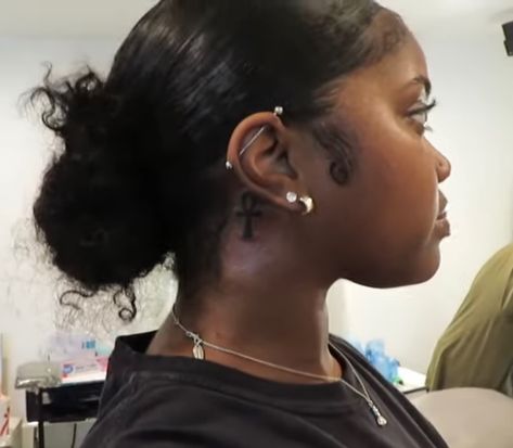 Ankh Tattoo Back Of Neck, Tattoos Behind The Ear Black Women, Ankh Tattoo Behind The Ear, Ankh Tattoo Ideas For Women, Anhk Tattoos Behind Ear, Ankh Behind Ear Tattoo, Small Behind The Ear Tattoo Ideas Black Women, Ank Tattoo Black Women, Behind Ear Tats Black Women