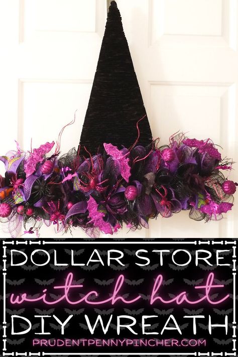 Give your front door a spooky makeover on a budget with this DIY Witch Hat Dollar Tree Halloween Wreath.To make this DIY halloween wreath for the front door all you need is deco mesh, black yarn, witch hat wire wreath form, and some halloween accents like ribbon, glittery clip ons, etc. This DIY halloween decoration would be a great addition to your spooky outdoor halloween porch for trick or treaters. Your kids can even help you make this fun halloween craft. Witch Hat Wreath Form, Witch Hat Door Wreath, Dollar Tree Witch Hat, Halloween Witch Hat Wreath, Diy Halloween Witch, Witch Hat Wreath, Halloween Mesh Wreaths, Hat Wreath, Dollar Tree Halloween