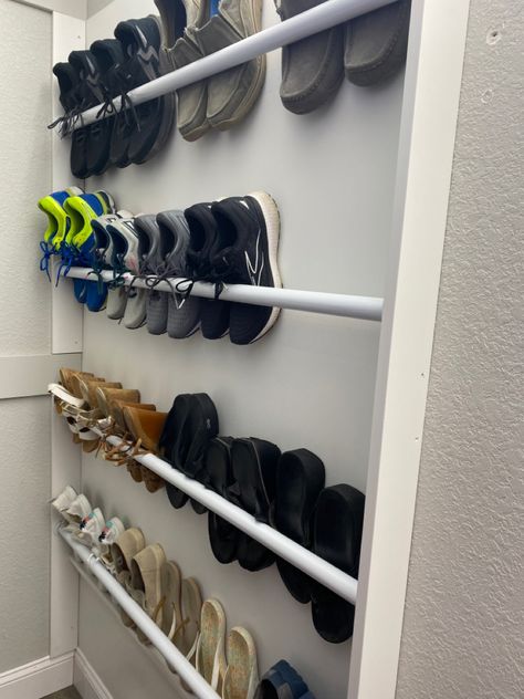 1/2 day project(including a trip to Lowe’s) Wall Hanging Shoe Storage, Shoe Holder Diy, Wall Shoe Storage Ideas, Shoe Wall Storage, Rak Sepatu Diy, Diy Shoe Organizer, Wall Shoe Storage, Shoe Organization Diy, Hanging Shoe Storage