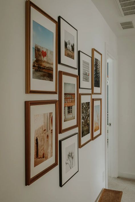 Gallery Wall Vertical And Horizontal, Mixed Wood Gallery Wall, Hallway Gallery Wall Family Photos, Gallery Wall With Color Photos, Modern Family Gallery Wall, Office Wall Gallery Ideas, Simple Family Photo Wall, Wooden Frame Gallery Wall, Gallery Wall Ideas Photos