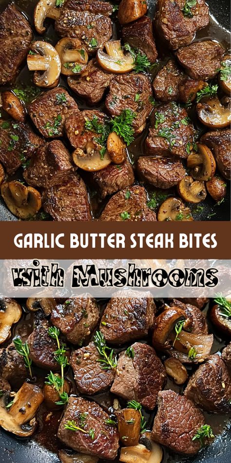 Savor every bite of these mouthwatering Garlic Butter Steak Bites with Mushrooms! 🥩🍄 Tender steak pieces and buttery mushrooms are cooked to perfection in a garlicky sauce that’s ready in under 20 minutes. Perfect for busy weeknights or as a crowd-pleasing appetizer. 🍷 Pair with mashed potatoes or a crisp salad for a complete meal.
#SteakBites #GarlicButterSteak #QuickDinnerRecipes #SavoryEats #EasyWeeknightMeals Steak Tips Mushrooms, Keto Steak Tips And Mushrooms, Easy Steak And Mushroom Recipes, Garlic Mushroom Steak, Steak Bites And Rice Recipes, Crockpot Steak Bites With Mushrooms, Steak Tips With Mushrooms And Onions, Steak Garlic Bites, Steak Bites In The Oven