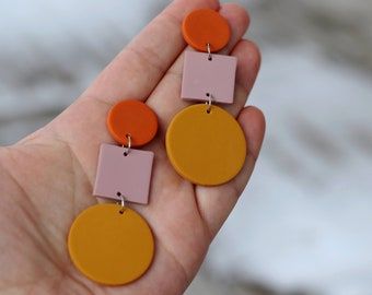 Square Polymer Clay Earrings, Square Clay Earrings, Geometric Clay Earrings, Yellow Polymer Clay Earrings, Braided Anklets, Orange Clay Earrings, Cute Clay Earrings, Etsy Jewelry Handmade, Large Dangle Earrings