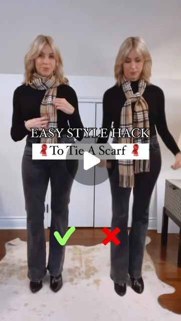 Jennifer Glackin on Instagram: "✨ Easy style hack to tie a scarf! 🧣 Comment SCARF to shop my favorite and super soft Burberry inspired scarf from Amazon. 

✨ This fashion hack is such an easy way to tie the perfect fall scarf! Here’s what to do…

🧣 Create a short end and a long end of the scarf. Take the long end under the short end and wrap it around. Push the scarf through the opening you created. Adjust and enjoy!

📣 Make sure to follow along for more style tips and tricks!

🛍️Ways to shop my outfit ⤵️

1️⃣ Comment SCARF for the links and sizing sent to your inbox. 
🛍 On IG, visit @occasionallyjenna and tap my link in bio. 
🛍 On FB, tap SHOP NOW in my profile.

#fashionhacks #stylehacks #fashiontipsforwomen #scarfstyle #scarffashion" How To Wear A Long Rectangular Scarf, Tying Scarfs How To Neck Scarves, How To Tie A Long Scarf, How To Tie A Scarf, Ways To Wear Scarf, Style Tips And Tricks, How To Wear A Blanket Scarf, Ways To Tie Scarves, Tie A Scarf