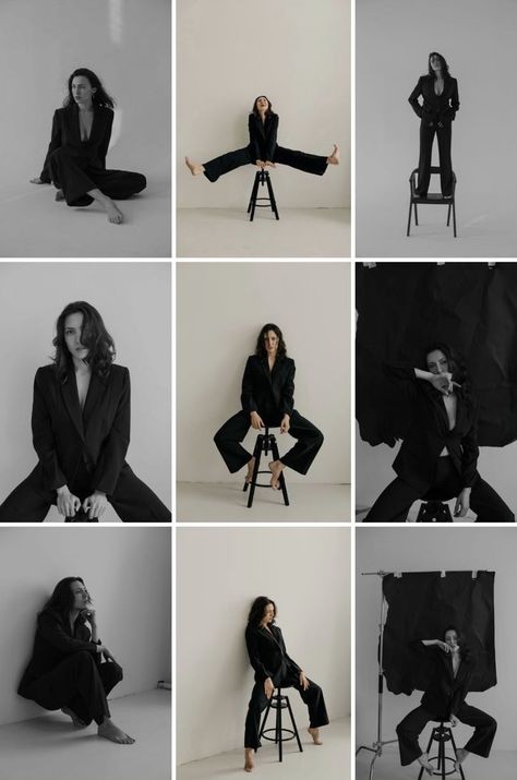 Creative Women Photography, Pose For Brand Photoshoot, Portrait Session Ideas, Studio Posing For Women, Fashion Brand Shoot Ideas, Self Portrait Flash Photography, All Black Suit For Women, Feel Good Photoshoot, Glamour Shots Modern