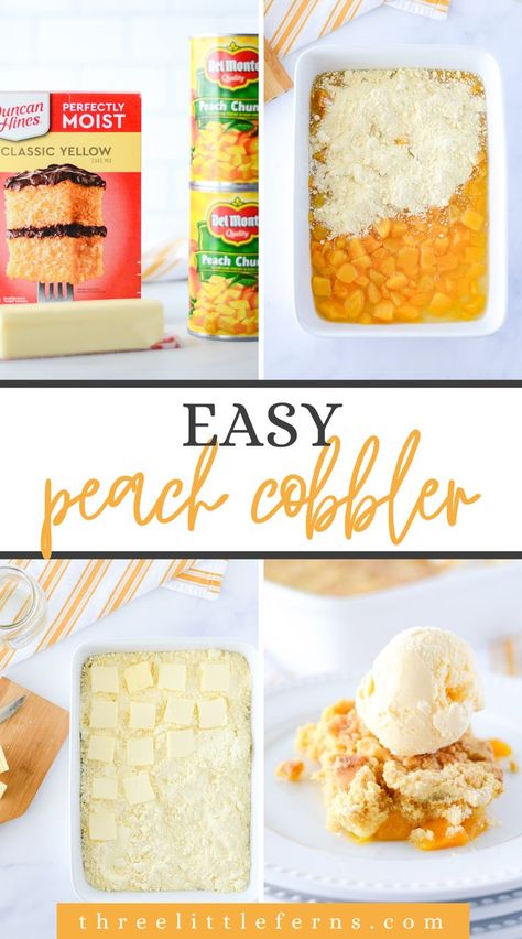 Indulge in the sweet simplicity of our 3-Ingredient Peach Cobbler dump cake! 🍑🍰✨ This easy dessert recipe is a flavor explosion with minimal effort. Perfect for busy days when you need a quick, easy, and delicious treat. Discover how to satisfy your peach cobbler cravings with ease! 3 Ingredient Peach Cobbler Dump Cake, Three Ingredient Cobbler, 4 Ingredient Peach Cobbler, Cake Box Peach Cobbler, 2 Ingredient Peach Cobbler, Dump Peach Cobbler Yellow Cake Mixes, Jiffy Cake Mix Peach Cobbler, Dump Cobbler Recipes, Peach Cobbler Cake Mix Recipe