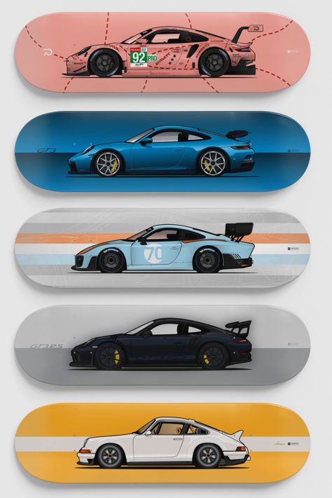 Skateboard skate deck with Porsche print as wall art Skate Decks On Wall, Skate Board Designs Ideas, Skateboards Design Ideas, Skateboard Deck Wall Art, Skateboard Deck Ideas, Cool Skateboards Designs, Skateboard Decks Design, Skateboard Design Ideas, Painted Skateboard Decks