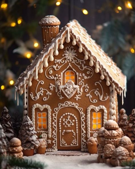 Brown And White Gingerbread House, Gingerbread House Fireplace, Gingerbread House Traditional, Ginger Christmas Decoration, Gingerbread Mansion Template, Ginger Bread Design Ideas, Candy Gingerbread House Ideas, Over The Top Gingerbread House, Gingerbread Log Cabin House Ideas