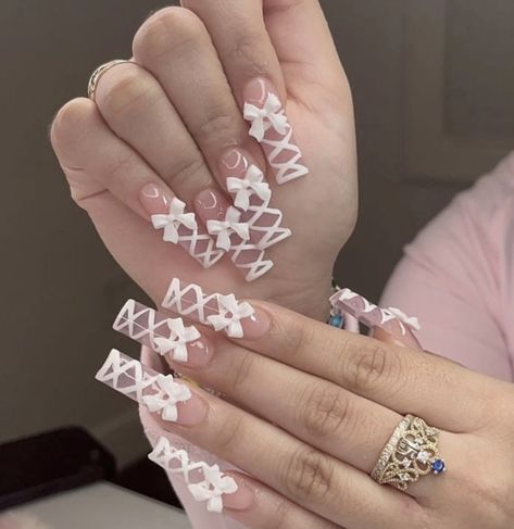 White Pink Nails, Doll Nails, Corset Nails, Girls Nail Designs, Coquette Nails, Valentines Day Nails, Cute Acrylic Nail Designs, Really Cute Nails, Soft Nails