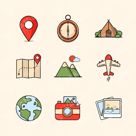 The image shows a set of travel-related icons on a white background. The icons include a map, a compass, a camera, a plane, a tent, and mountains. The icons are all colorful and well-designed, and they have a modern and playful look. The image is perfect for use in a variety of contexts, such as travel websites, travel blogs, social media posts, and marketing materials. It can also be used to create fun and creative products, such as travel journals, stickers, and t-shirts. Plane Sticker, Journals Stickers, Plane Icon, Airplane Icon, Camping Icons, Compass Icon, Sticker App, Map Sticker, Map Symbols