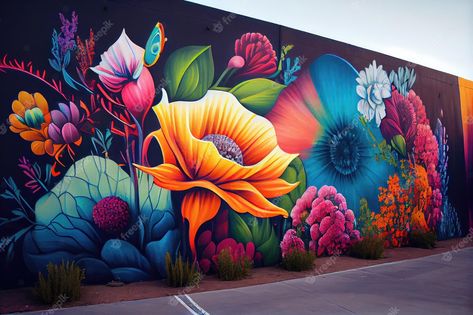 Premium AI Image | Urban graffiti art featuring mural of vibrant flower garden Murals Street Art Wall, Garden Graffiti, Mural Texture, Exterior Fence, Graffiti Art Style, Flower Garden Images, Graffiti Flowers, Mural Inspiration, Course Ideas