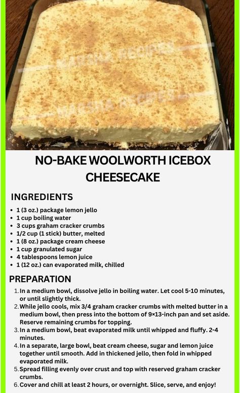 No-Bake Woolworth Icebox Cheesecake - Grandma's Tasty Recipes Woolworth Icebox Cheesecake, Icebox Cheesecake, Woolworth Cheesecake Recipe, Woolworth Cheesecake, Peanut Recipes, Cottage Cheese Recipes, Bake Recipes, Copykat Recipes, Peach Cobbler Recipe