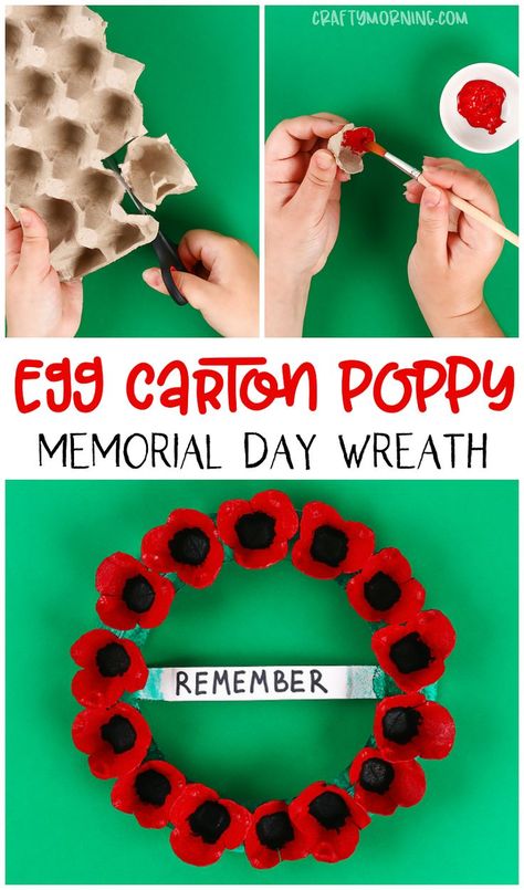 Make a egg carton poppy memorial day wreath for a kids craft! Also using a paper plate for the wreath. Kids memorial day poppy flower art project. Poppy Memorial Day, Paper Plate Poppy Craft, Flower Art Project, Memorial Day Poppy, Memorial Day Poppies, Poppy Craft For Kids, Remembrance Day Activities, Poppy Flower Art, Remembrance Day Art