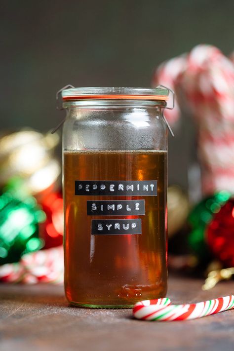 This Peppermint Syrup is the perfect Christmas syrup for coffee, peppermint hot chocolate, or any Christmas cocktail you want to add peppermint flavor to and a little sweetness instead of classic simple syrup. It's really easy to make with just 3 ingredients! Peppermint Coffee Syrup, Peppermint Syrup Recipe, Sugar Cookie Coffee, Sugar Cookie Syrup, Syrup For Coffee, Homemade Coffee Syrup, Cookie Coffee, Peppermint Coffee, Peppermint Martini