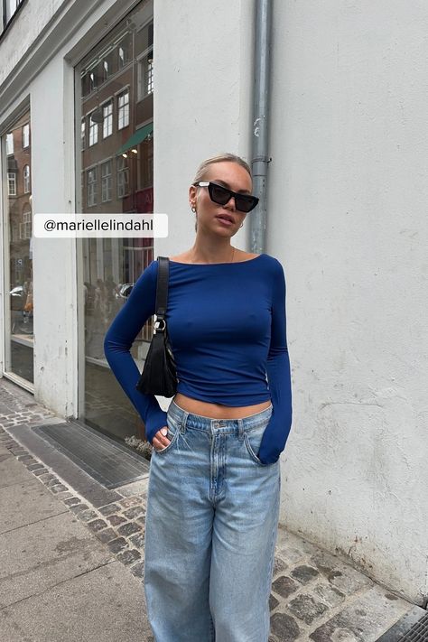 Boat Neck Long Sleeve Top Blue | NA-KD Outfits With Blue Top, Long Sleeve Winter Outfits, Boat Neck Shirt Outfit, Blue Long Sleeve Top Outfit, Sewing Long Sleeves, Christmas Eve Fits, Boat Neck Top Outfits, Blue Fits Aesthetic, Blue Long Sleeve Shirt Outfit