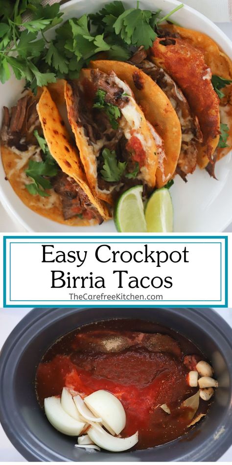 This Easy Birria Tacos recipe uses the slow cooker to make the most rich and savory beef birria. Corn tortillas are dipped into the flavorful chipotle braising broth then stuffed with tender shredded beef and cheese and pan fried. Serve these cheesy quesabirria tacos with fresh pico de gallo, cilantro, and a squeeze of lime. As an added bonus, you can use the braising liquid as a delicious dipping sauce. You’ll quickly realize why this Mexican favorite has taken the internet by storm. Mexican Barrio Tacos, Birria Tacos Crockpot Recipes, Birra Chicken Tacos Easy, Queso Barrio Tacos, Easy Beef Birria Recipe Mexican, Simple Birria Recipe, Queso Birria Tacos Crockpot, Gluten Free Birria Tacos, Birria Tacos Easy Recipe