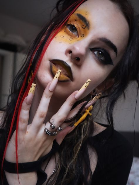 alternative asymmetrical makeup look #makeup #longnails #alternative #alt #alternativegirl #smiley #eyeliner #makeupartist #makeupideas Asymmetrical Eye Makeup, Asymmetrical Makeup, Rave Looks, Yellow Makeup, Punk Makeup, Alternative Girls, Creative Makeup, Makeup Inspo, Long Nails