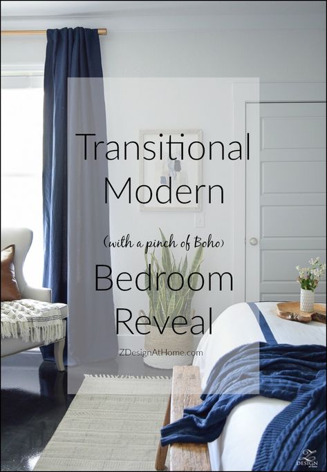 Transitional Modern (with a pinch of boho) Bedroom Reveal | ZDesign At Home Transitional Modern Bedroom, Transitional Guest Bedroom, Transitional Bedroom Master, Modern Transitional Bedroom, Transitional Style Bedroom, Transitional Bedroom Design, Modern Boho Bedroom, Transitional Decor Bedroom, Transitional Decor Living Room