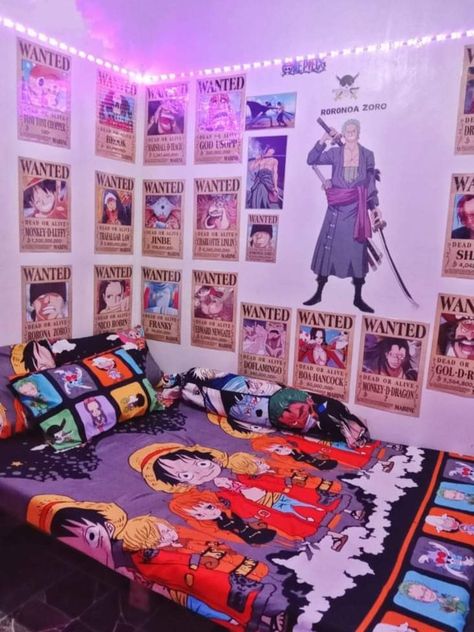 One Piece Anime Room Decor Ideas, Tokyo Themed Bedroom, One Piece Home Decor, One Piece Room Ideas Anime, Anime Theme Room, Otaku Room Ideas Bedrooms, One Piece Bedroom, One Piece Room Decor, One Piece Decor